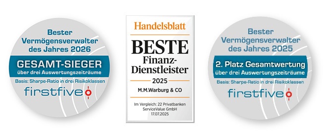 Auszeichnungen für M.M.Warburg & CO als bester Finanzdienstleister 2025 und Vermögensverwalter 2025–2026 von firstfive.