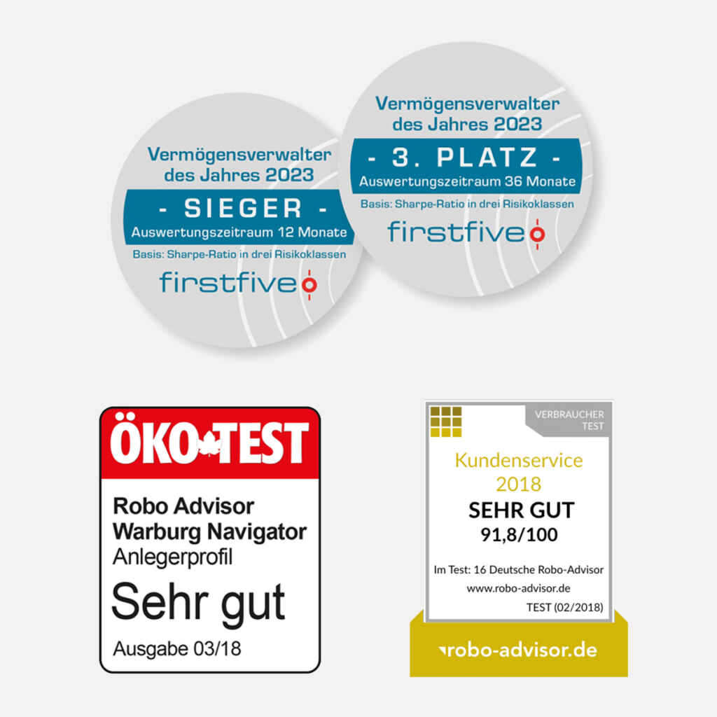 Auszeichnungen für Warburg Navigator: Vermögensverwalter 2023, Öko-Test, Kundenzufriedenheit 91,8/100 bei Robo-Advisor.de.
