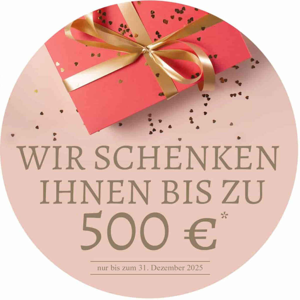 Rotes Geschenk mit Schleife und Herz-Konfetti auf beigem Hintergrund, Text: Wir schenken Ihnen bis zu 500 €.