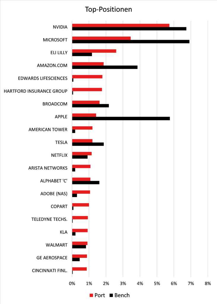 Balkendiagramm zeigt Top-Positionen von Firmen wie NVIDIA, Microsoft, Apple bis zu 8% in Portfolioporzent.
