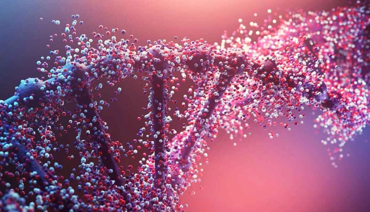 Digitale Abbildung einer DNA-Helix, umgeben von bunten Molekülen, in rosa und blauen Tönen.