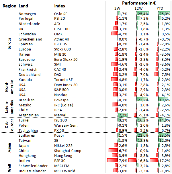 Tabelle der Aktienindex-Performance in Euro weltweit, Stand Januar 2011, zeigt Gewinne und Verluste in Prozent.
