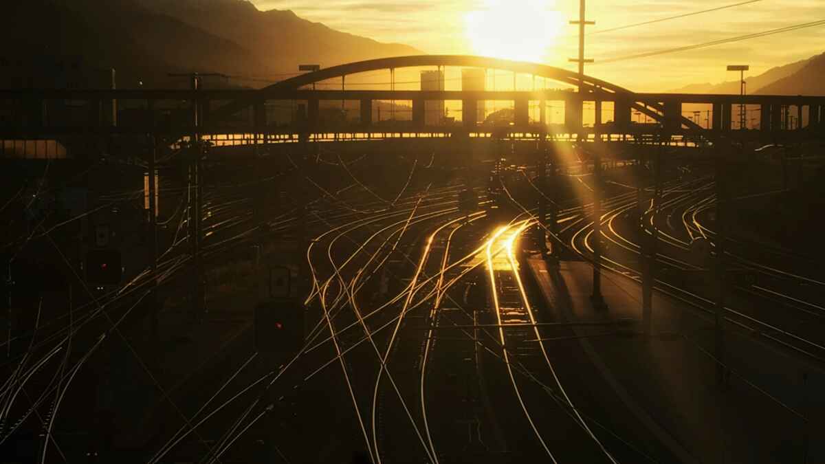 Sonnenuntergang über einer Gleisanlage, Licht reflektiert auf den Schienen, Brücke im Hintergrund.